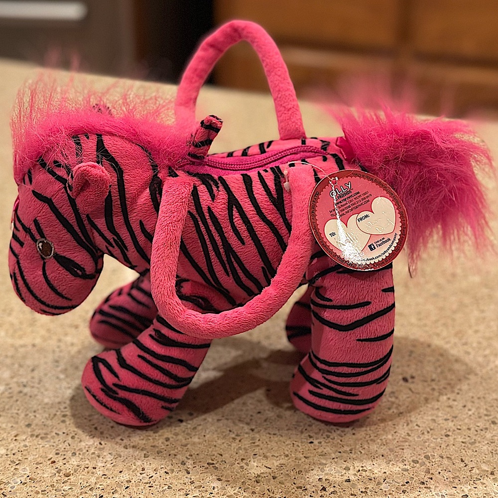 TOBY N.Y.C. LARGE PLUSH ZEBRA PURSE BLACK/PINK CARRY BAG SOFT TOY 12” 2012